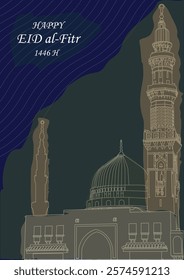 Happy eid al fitr greeting card. with masjid nabawi vector illustration, watercolor effect and wave pattern 