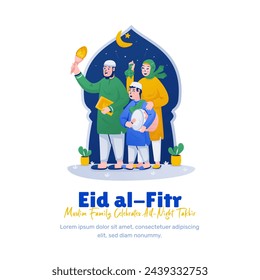 Happy Eid al Fitr, Illustration of Muslim family celebrates all-night takbir to celebrate of Eid mubarak