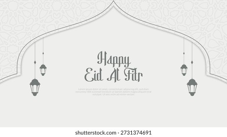 Happy Eid Al Fitr Islamic Greeting Design with Mosque Arch and Lanterns