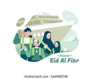 Happy Eid Al Fitr With Moslem Family Using Ship Transportation Illustration Vector