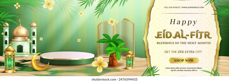 Happy Eid al Fitr ist ein muslimischer Feiertag nach dem Fasten Illustration Banner mit Moschee, Halbmond, Laterne und Podium 