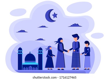 happy eid al fitr mubarak with family flat illustration