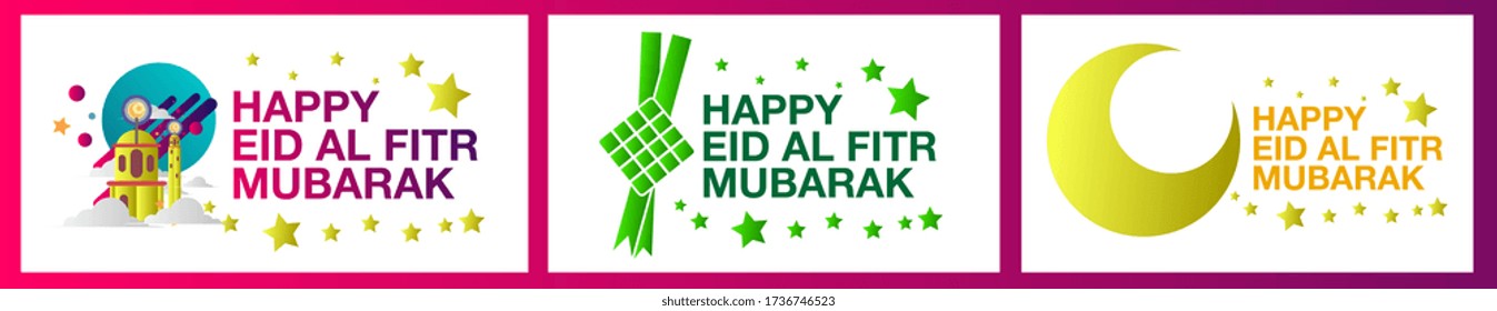 happy eid al fitr mubarak 2020 is mean muslim event , set greeting card party, banner, flyer and background with mosque, moon and ketupat or tradional food illustration