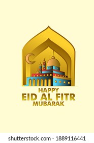 happy eid al fitr mubarak is mean muslim event template background with 3d or paper cut art style