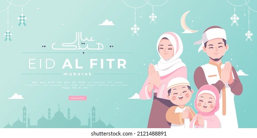 Happy Eid Al Fitr Or Eid Mubarak Islamic Family Concept Banner Design 