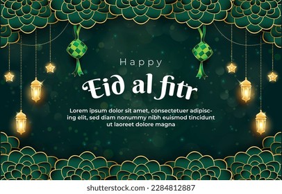 happy eid al fitr mubarak banner with quote and beautiful shiny golden islamic ornament and abstract gradient dark green background design