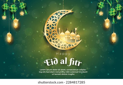 happy eid al fitr mubarak banner with quote and beautiful shiny golden islamic ornament and abstract gradient green and yellow background design