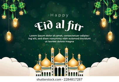 happy eid al fitr mubarak banner with quote and beautiful shiny golden islamic ornament and abstract gradient green background design