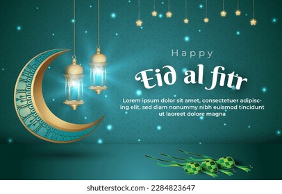 happy eid al fitr mubarak banner with quote and beautiful shiny golden islamic ornament and abstract gradient blue and green background design