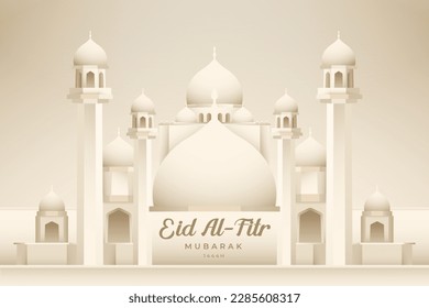 Happy eid al fitr mubarak greeting banner with cream gradient grand mosque illustration. Idul Fitri greeting design