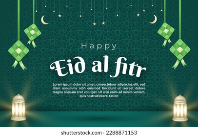 happy eid al fitr mubarak banner with quote and beautiful islamic ornament and abstract gradient green and blue background