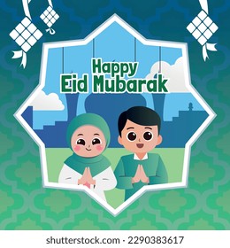 Feliz Eid Al Fitr Mubarak o 'Selamat Lebaran' Ilustración y saludos de texto. Pareja hombre y mujer Vector. Ramadan Kareem Ilustración de dos personas paradas frente a la mezquita con decoración ketupat