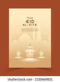 Happy eid al fitr poster or flyer template with lantern, minimalist color, silhouette mosque, typography