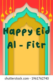 Happy Eid Al Fitr Template Poster With Summer Cherish Color Theme. Suitable for the celebration of Islamic religious holidays.