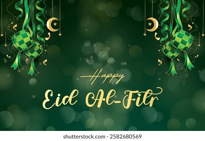 happy eid al fitr template banner with beautiful islamic ornament with green background design 3