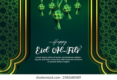 happy eid al fitr template banner with beautiful islamic ornament with green background design 12