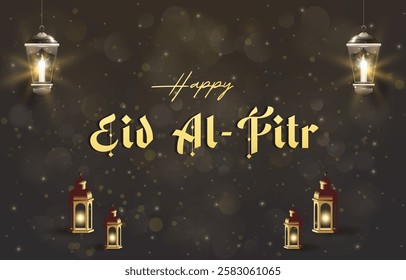 happy eid al fitr template banner with beautiful islamic ornament with brown background design 21