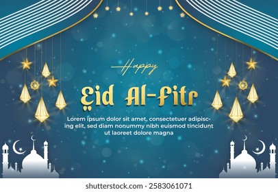 happy eid al fitr template banner with beautiful islamic ornament with blue background design 21