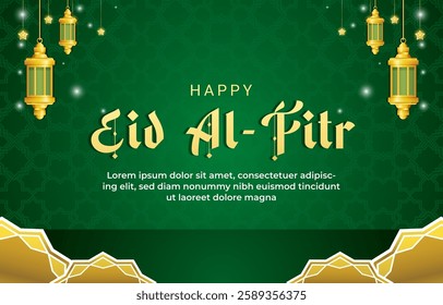 happy eid al fitr template banner with beautiful islamic ornament with green background design 02