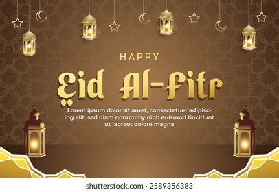 happy eid al fitr template banner with beautiful islamic ornament with brown background design 01
