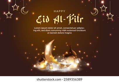 happy eid al fitr template banner with beautiful islamic ornament with brown background design 03