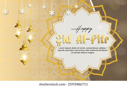 happy eid al fitr template banner with beautiful islamic ornament with brown background design 07
