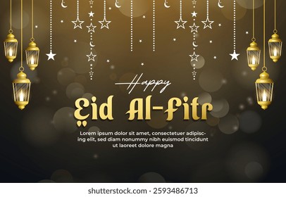 happy eid al fitr template banner with beautiful islamic ornament with brown background design 09