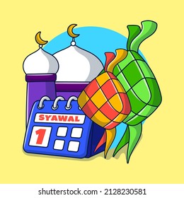ilustración del tiempo del feliz eid al fitr con la mano dibujada en el calendario, mezquita y comida ketupat