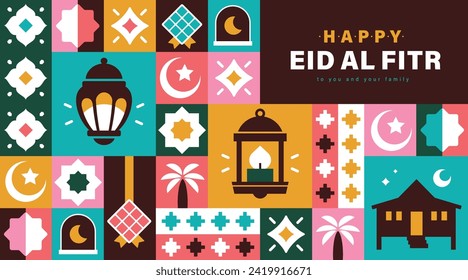 Feliz ilustración vectorial EID AL FITR en diseño de estilo geométrico plano para afiches, tarjetas de felicitación, banner y cubierta.