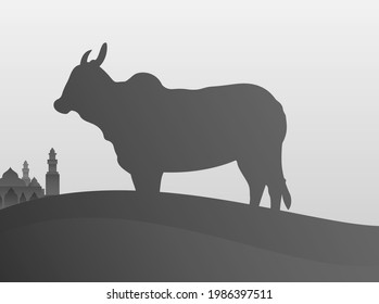 Happy Eid al-Adha mit dem Aussehen einer geopferten Kuh und einer Moschee in der Ferne