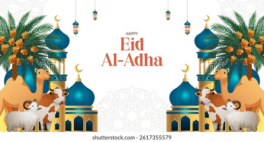 happy eid al-adha background with illustration of camel, cow, sheep and mosque background for greeting card , poster, banner design. vector eps 10