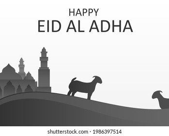 Happy Eid al-Adha with the background of the sacrificial goats and the mosque that can be seen in the distance