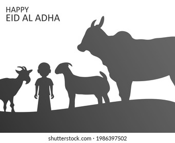 Happy Eid al-Adha in black display with a qurban animal object and a Muslim shepherd