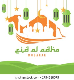 Happy Eid Al-Adha. consisting of camel animals, mosques, lamps. against a white background