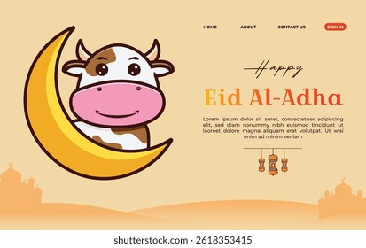 Happy Eid AlAdha Cute Cow on Crescent Moon