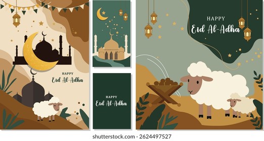 Happy Eid Al-Adha: Festive Illustrations with Sheep, Mosques, and Decorations