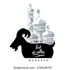 Happy Eid al-Adha with goat and mosque. Celebration of Muslim holiday