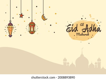 Happy Eid al-Adha greeting background with mosque pattern and lamp decoration.Vector Arabic Eid al-Adha greeting with Islamic pattern. Vector Muslim holiday Eid al-Adha card. Vector illustration.