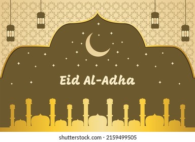 Feliz Eid al-Adha con un fondo de bienvenida de color marrón.
