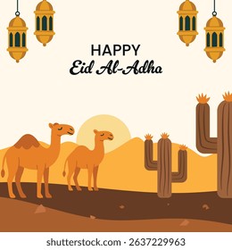 Happy Eid Al-Adha Greeting with Camels and Desert Cactus Vector Illustration