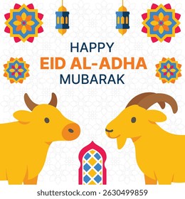 Happy Eid Al-Adha Greeting Illustration. Festive Eid Al-Adha greeting design with traditional Islamic elements, ideal for holiday cards, social media, or promotional materials.