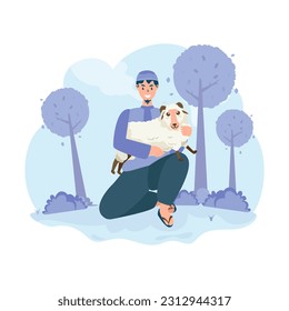 Happy Eid al-Adha with illustration of a Muslim holding a sheep