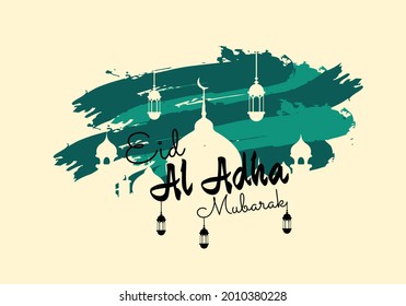 Happy Eid Al-Adha with mosque illustrations and Islamic lamp decorations. vector illustration. great for greeting cards, backgrounds and invitation cards