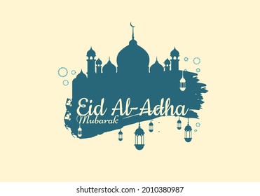Happy Eid Al-Adha mit Moschee Illustrationen und islamischen Lampendekorationen. Vektorgrafik. großartig für Grußkarten, Hintergründe und Einladungskarten