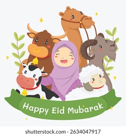 Feliz Eid al-Adha Mubarak desenho animado vetor ilustração. Design bonito em estilo plano de uma menina muçulmana feliz com animais de quarban vaca, cabra, ovelha, búfalo e camelo. Perfeito para cartões comemorativos, mídias sociais