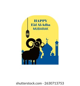 Happy Eid al-Adha Mubarak Greeting with Ram and Mosque Silhouette with islamic lamp vector