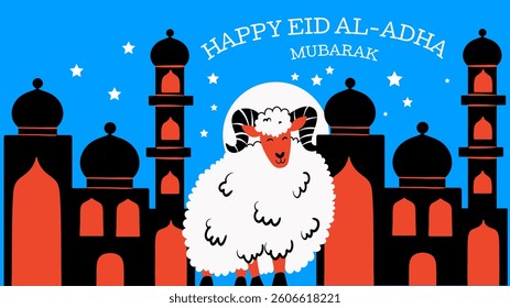 Happy Eid Al-Adha Mubarak illustration with a cute cartoon sheep, mosques, and stars. Vector festive card or poster. 