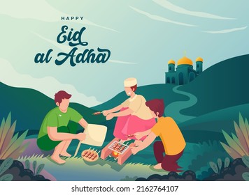 Happy Eid al-Adha mubarak with muslim people cooking homemade Lamb Satay (Sate Kambing) for Eid al-Adha Menu