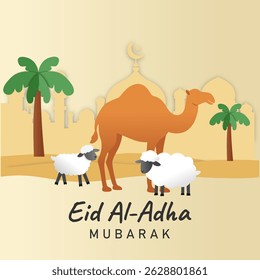 Happy Eid Al-Adha Mubarak Vector Illustration with Desert, Camel, Sheep, Palm Trees, and Islamic Mosque Decorations for Holiday Greetings, Promotions, and Social Media. Paper cut 3D