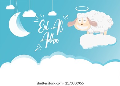 Happy Eid Al-Adha, sheep above the clouds with a blue moon background